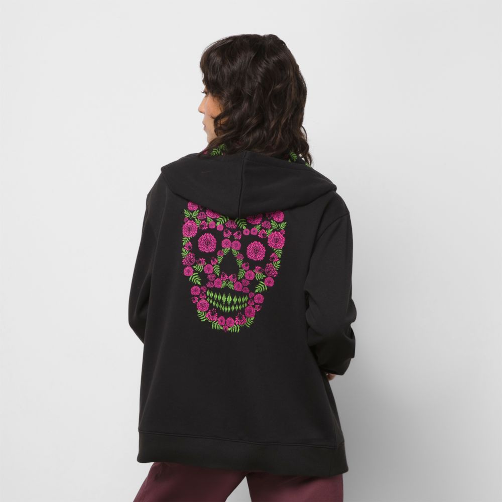 Dámské Mikiny S Kapucí Vans Dia De Muertos Floral BFF Zip Černé | PW4012675